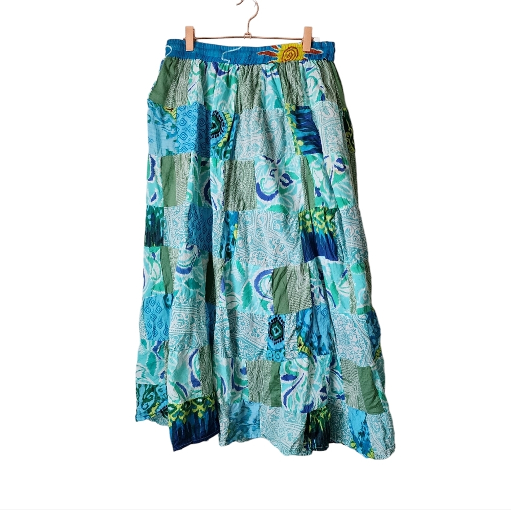 VINTAGE quilted summer‎ midi skirt in blue green floral print boho chic